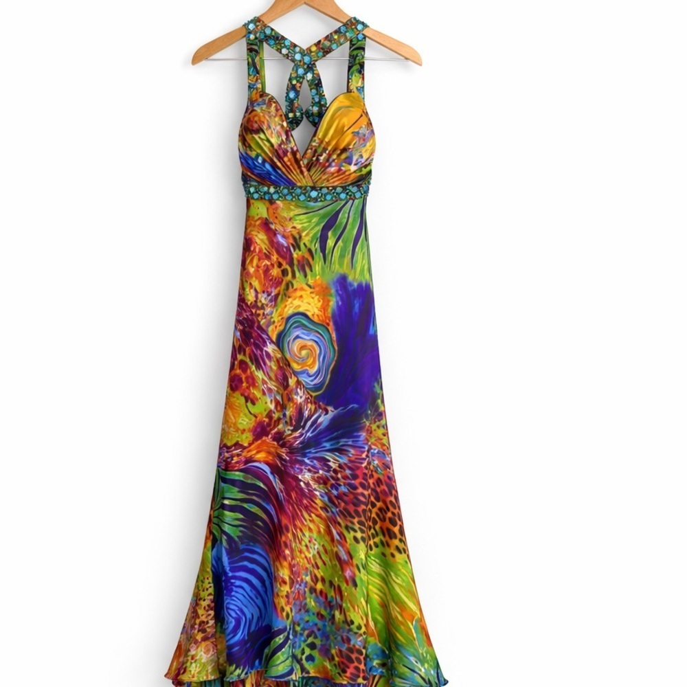 Niki Livas 100% Silk Beaded Jewel Halter Prom Gown Psychedelic Glam XS